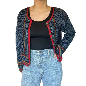Knit Cropped Geometric Tapestry Button Up Cotton Vintage Sweater Size Medium